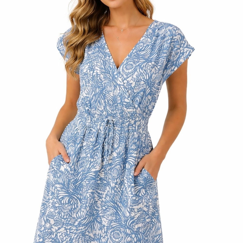 TAHARI Wrap Look Blue/White Dress with Waist Tie Shaping. Size XL